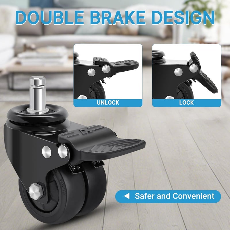 Nefish Office Chair Caster Wheels with Brake, 11mm, 2 Inch Heavy Duty Rubber Office Chair Wheel Replacement, Support 750lbs(Set of 5), Quiet Desk Chair Rollers, Safe for All Floors, Universal Fit - Image 4
